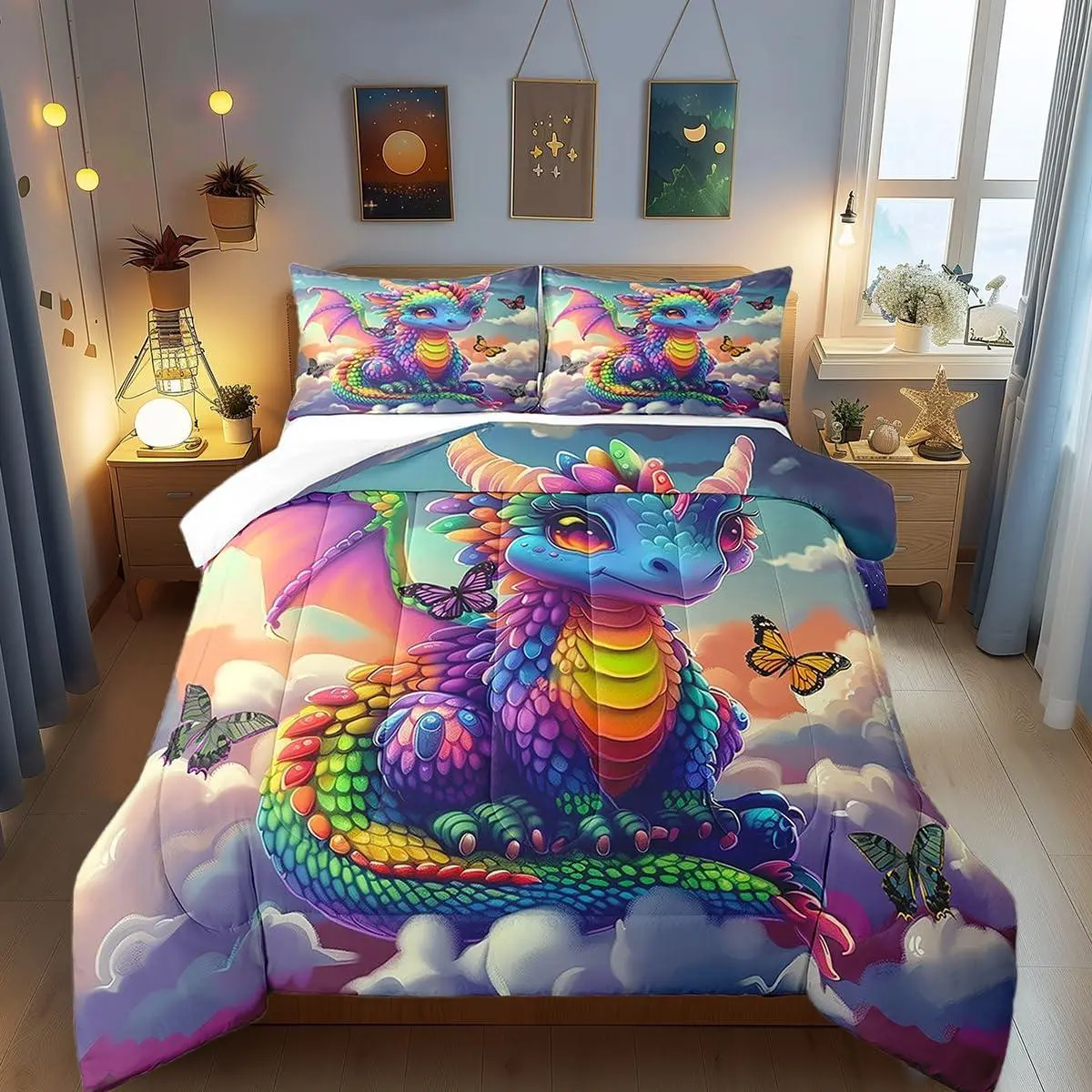 Colorful Dragon Bedding Set,Fancy Western Animal Comforter Set for Girls Boys Teens Room Decor Wild Butterfly Down Comforter Sunny Sky Clouds Quilt Set