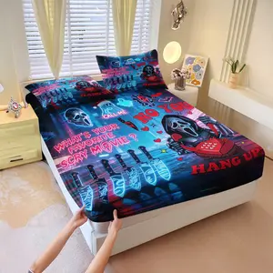 3-Piece Ghostface Theme Fitted Sheet Set, personalized home bedding set, suitable for bedroom decor or gifting. All-season use, perfect for Halloween and horror movie fans. No filling included.