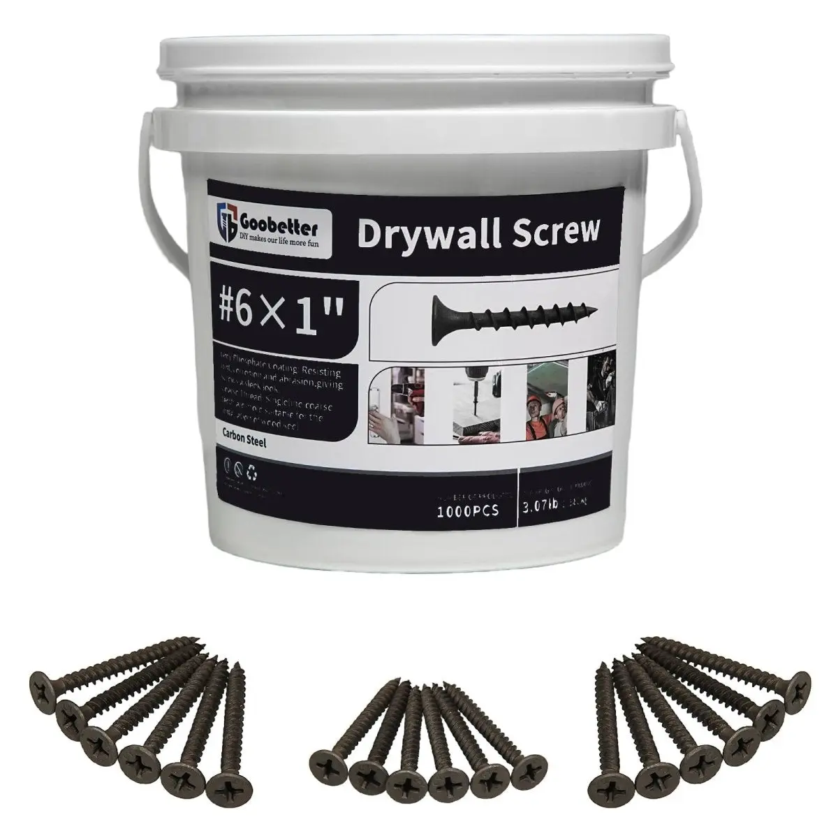 1000pcs High Hardness Drywall Screws, Black, Coarse Thread, Phillips Drive, Bugle Head, BlackScrews, USB for Wood and More