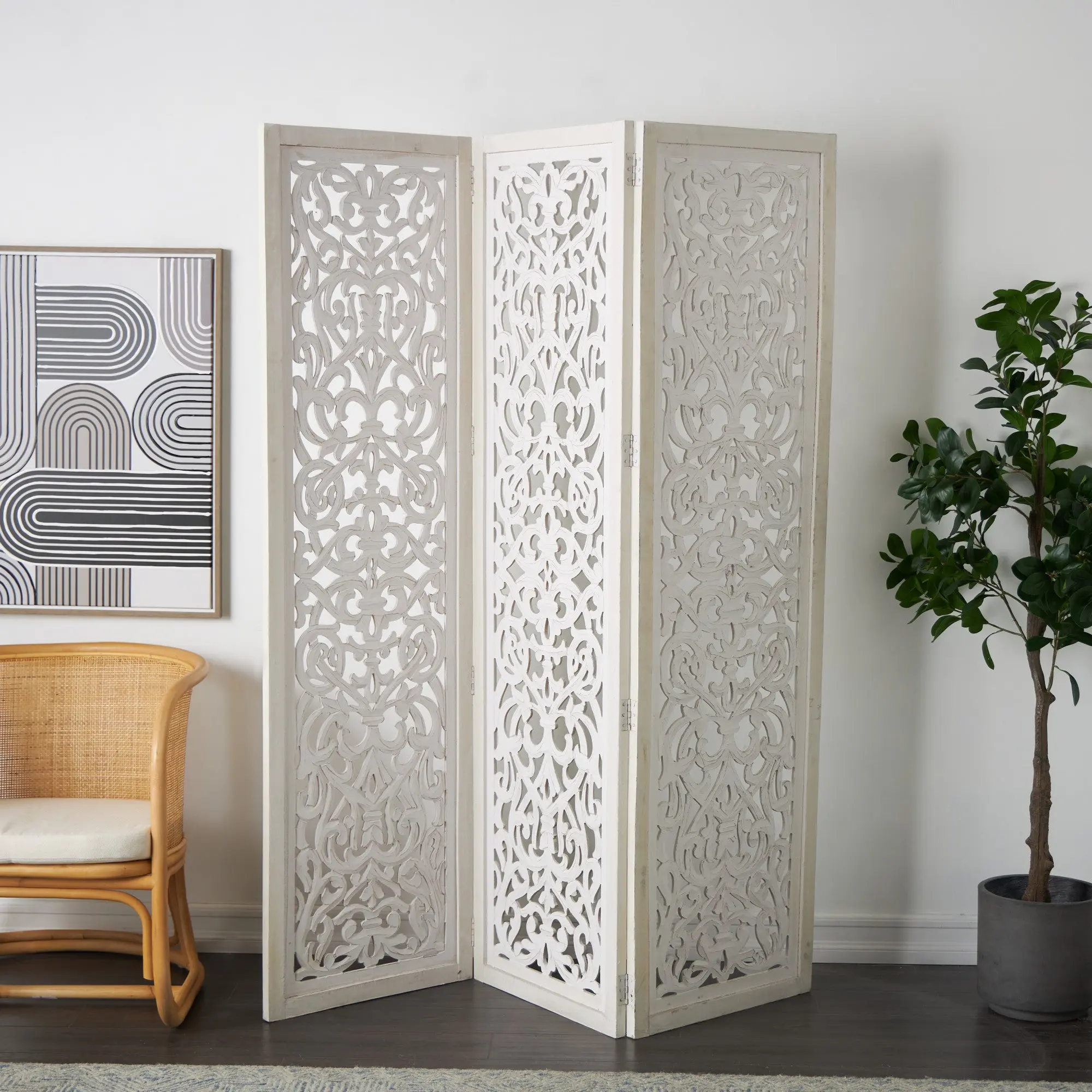 3-Panel Floral White Handmade Wooden Foldable Partition Room Divider Screen with Carved Design, Home Decor for Modern Farmhouse Decor & Farmhouse Style Spaces with Warm Earthy Tones