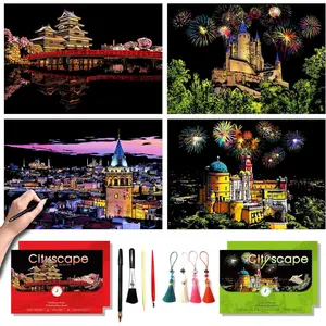 Scratch Art for Adults-Scratch Painting Craft Kit (4 Sheets 16x11 in)|Foil Engraving Art Set|Stress Relief Gift for Travel Lovers,Craft Lovers|Creative Scratch Art Home Decor(City Scape 3)