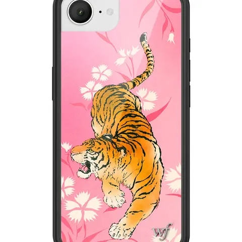 Wildflower Cases Limited Edition Tiger Blossom Shockproof Smartphone Case, Trendy Collab Accessory for Devices, Raised Black Durable Protective Bumper, Vibrant Pink Floral Background, Roaring Tiger Design, Women's Owned Small Business Gift