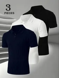 3pcs Men's Muscle V Neck Classic Polo Shirts Slim Fit Fitted Short Sleeve Plain Golf T-Shirts Ribbed Knit Soft Tees, Men'S Clothing, Men'S Tops, Comfortable And Casual Trendy Design, Suitable For Daily Travel, Menswear