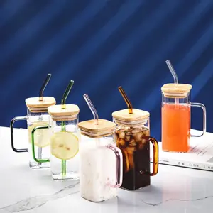 Square Glass Drinking Cup Children's Straw Cup with Handle for Hot and Cold Drinks Coffee Milk Tea Fruit Tea Milk Breakfast Cup