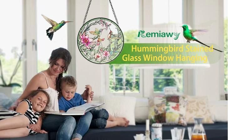 Remiawy Hummingbird Suncatcher 6”, Stained Glass Window Hanging Decor with Chain & Hooks