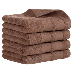 REGALWOVEN Cotton Soft Decorative Hand Towels, Geometry Pattern Hand Towel for Bathroom, Kitchen, Hotel 4 Pack Brown
