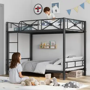 Black Heavy Duty Twin Over Twin Metal Bunk Bed Frame – Industrial Space-Saving Design – Safety Guard Rails – Ideal for Kids, Boys, Girls, Dorm, Apartment