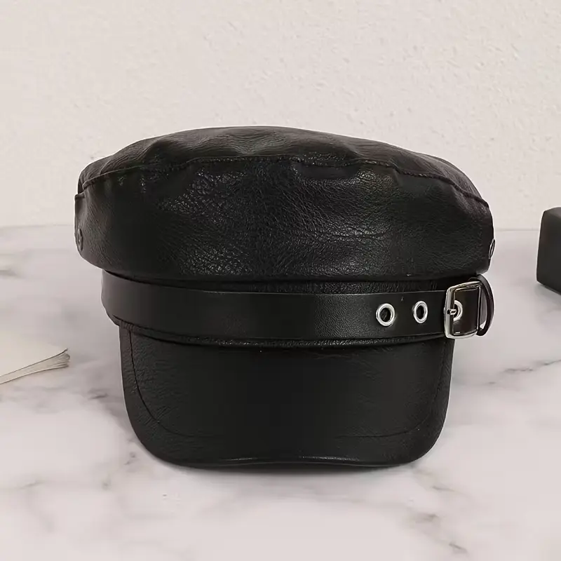 Korean style PU leather textured buckle flat brim newsboy cap, outdoor travel style multi-functional sunny hat
