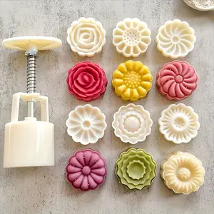 7pcs Chrysanthemum Rose Mooncake Mold Set, Hand Press, Non-Stick, Mung Bean Ice Cream, Cartoon Shapes, Baking Pastry Molds, Kitchen Tools