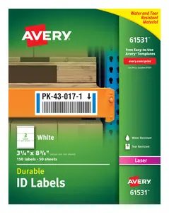 Avery Durable White Cover Up ID Labels for Laser Printers, 3.25 x 8.375, Pack of 150 (61531)