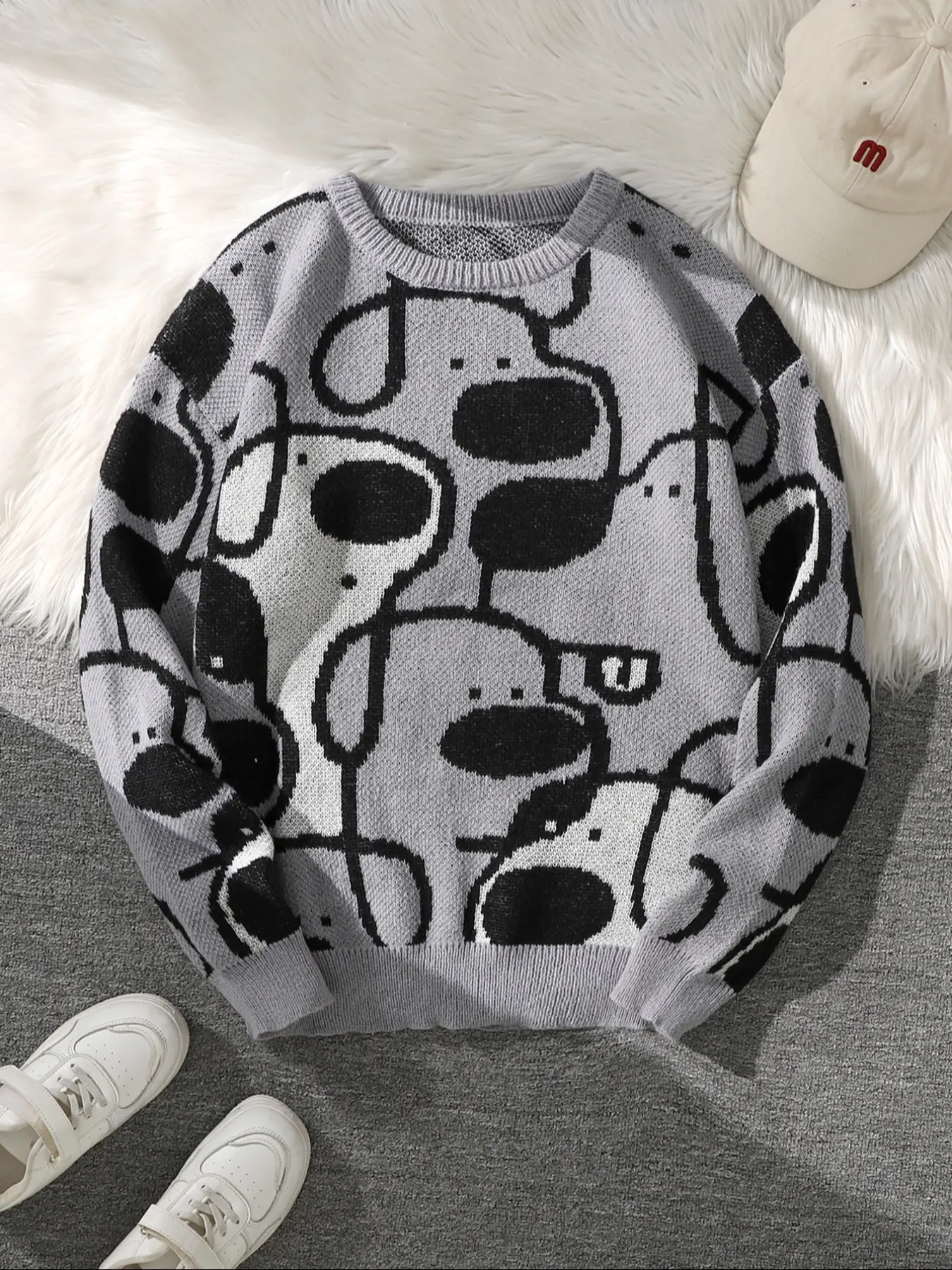 Autumn Winter Cute Dog Animal Jacquard Knitted Clothes Sweater Knitwear, Casual Round Neck Long Sleeve Fitted Pullover for Men & Women, Daily Wear Suitable for Spring & Fall