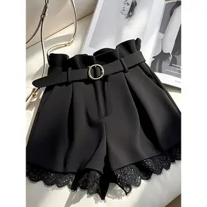 Elegant patchwork contrasting lace shorts, casual style fitted natural waist pants, button fly buttons, including waistband, women's fashionRAIMENTRY