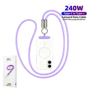 2025 New 240W USB-C Fast Charging Lanyard Cable 2-in-1 Crossbody Wrist Strap Durable Nylon Braided 480Mbps Data Transfer Portable Charging Cord for Smartphones Tablets Laptops Black 48Inch Cellphone Electronic