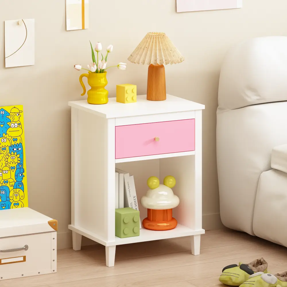 26.77''H Wooden Nightstand with One Drawer One Shelf for Kids, Adults, Pink+Golden handle
