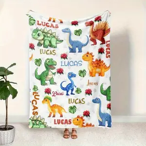 [Custom]Custom Name Personalized Flannel Blanket, 1pc Cartoon Dinosaur HD Print, Lightweight Fleece Throw Blanket, Suitable For Sofa, Bed, Travel, Living Room, Office, Sofa And Bed- Digital Print, Soft And Warm Fabric, Perfect Gift For Family