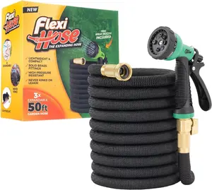Flexi Hose Expandable Garden Hose with 8 Function Nozzle, 50FT - Lightweight Retractable Garden Hose, Water Hose - No-Kink Flexibility, 3/4 Inch Solid Brass Fittings and Double Latex Core