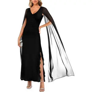 Women’s V Neck Sleeveless Split Formal Dress Cocktail Party Prom Long Dresses with Cape