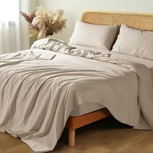 Pure Linen Bed Sheet Set - Breathable & Cooling For Hot Sleepers, Machine Washable, 16 Inch Deep Pocket - 4 Piece(Queen/King Size)