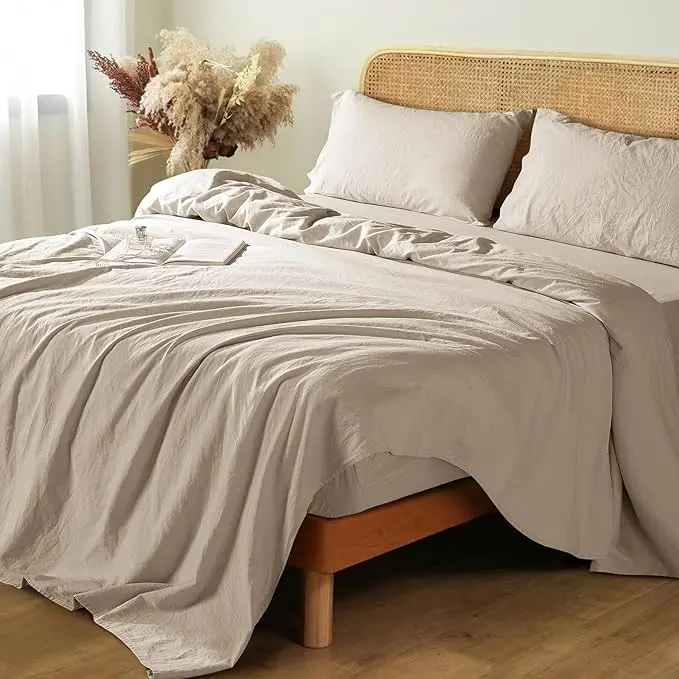 Pure Linen Bed Sheets Set - 4-Piece Bed Linens, Breathable & Cooling for Hot Sleepers, Machine Washable, 16-in Deep Pocket (Queen/King Size), Linen Sheets Set