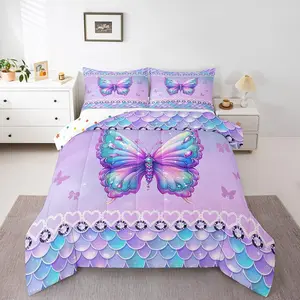 Feelyou Soft Breathable Bedding Set - Butterfly, Mermaid Scales Down Comforter for Girls, Kawaii Love Heart Quilt for Dreamy Princess Marine Life Vibe