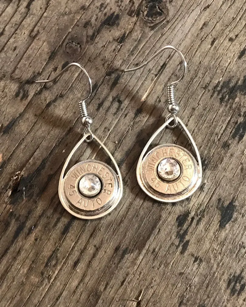 45 caliber silver tear drop bullet earrings