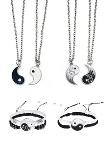 8 Counts Chinese Style Tai Chi Yin Yang Black and White Matching Bracelets Necklaces Couple Set, 4 Bracelets, 4 Necklaces