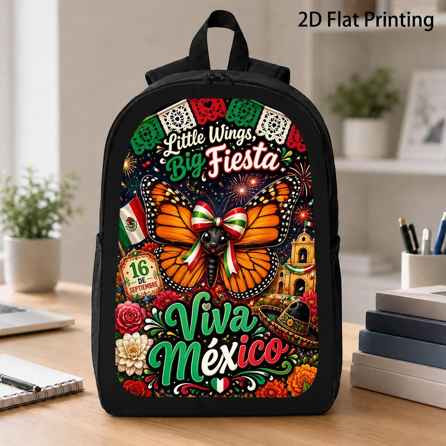 [17 Inch Backpack] 1pc Little Wings Big Fiesta Viva Mexico Monarch Butterfly With Mexican Bow Graphic Backpack Trendy 16 De Septiembre Independence Day Travel School Backpack