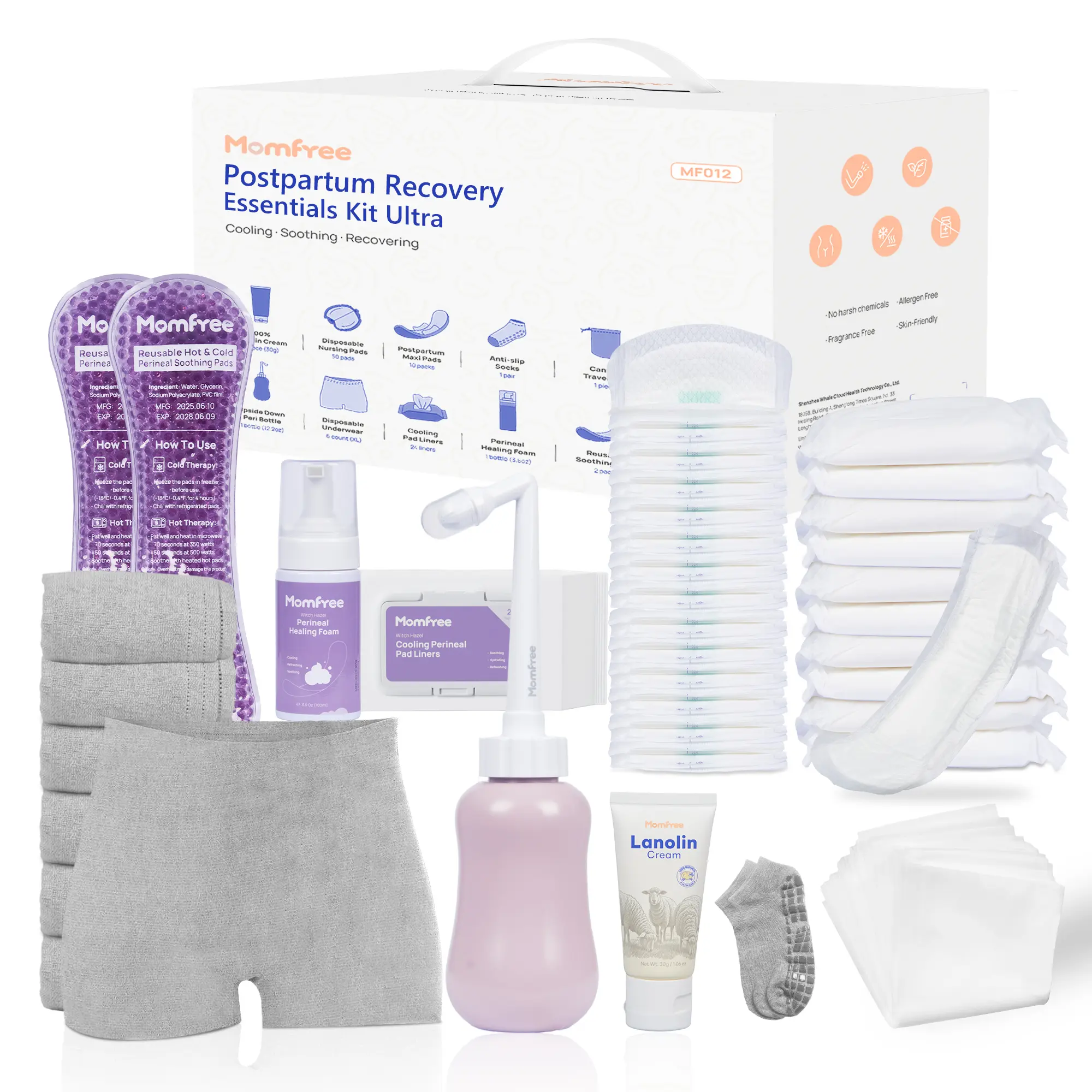 Upgraded Postpartum Essentials Recovery Kit for Women: Labor Delivery Post Partum 11pc - Perineal Healing Foam & Upside Down Peri Bottle | 6 Disposable Underwear | Soothing Pads | Nursing & Maxi Pads Mum Sensitive