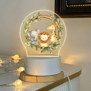 Round Acrylic Animal Night Light, Giraffe Elephant Lion Design, USB Powered Desk Lamp, Button Control, Warm Light, Home Decor Gift