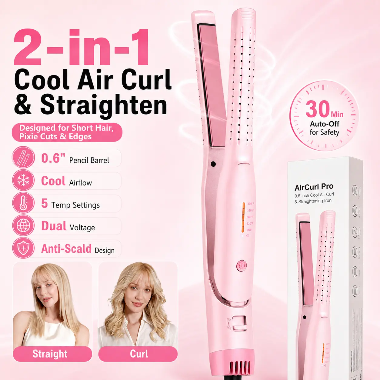 0.6'' 2-in-1 Mini Pencil Curling Iron & Flat Iron - Anti-Scald, Portable Travel, Dual Voltage for Short Hair Pixie Cuts