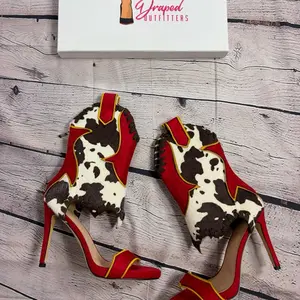 Cow fur red western stiletto cowgirl bootie boot heel
