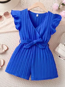 Teenager Girl's Solid Color Short Sleeve Romper with Belt, Casual Comfy Jumpsuit for Summer, Kids Clothes for Daily Wear