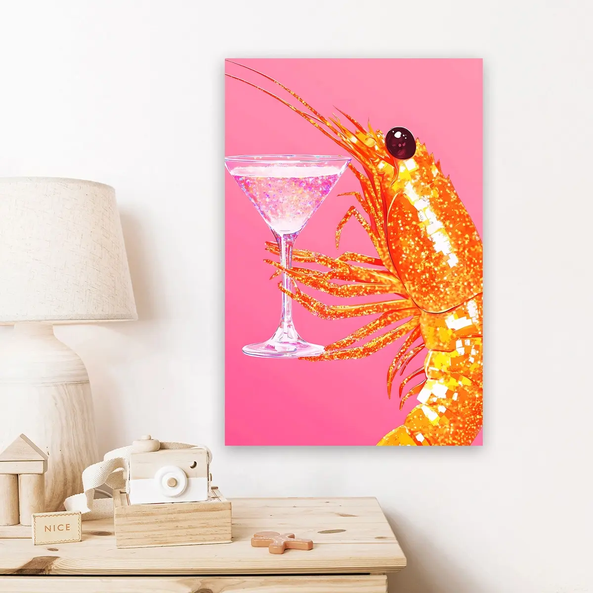 1pc Lightweight Glitter Shrimp Martini Canvas Poster - Pink-Orange Disco   Minimalist Art,  -Friendly Prawn Cocktail Seafood Print,   Frame Compatible   Wall  , Bar Cart Gift Idea