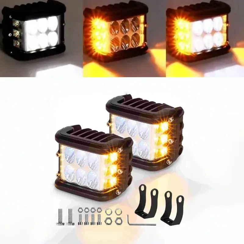 2PCS 4-Inch Side Shooter LED Pods Offroad Lights, Dual-Side White Driving & Amber Strobe Cubes with Wide Angle Lens & Light Mounting Brackets, Waterproof Spot-Flood Combo Fog Fixtures for Trucks, Boats & ATVs Ready - Improving Safety