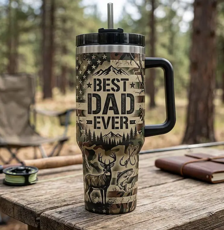 [Gift Box Included] 40oz, 20oz Best Dad Ever Camo Hunting Fishing Print Stainless Steel Tumbler with Handle and Straw Vacuum Insulated Travel Mug Fits Car Cup Holder Cool Father's Day Gift for Dad