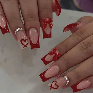 24 Pcs Red French Bow Heart Diamond Press-On Nails - Square Shape Handmade Y2K Sweet Aesthetic Nail Supplies |     Unas Press On, Unas Postizas & Ready-To-Wear Fake Nails