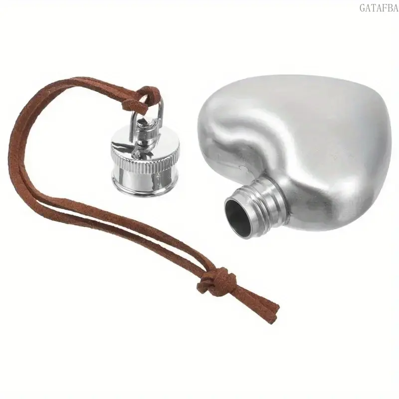 Heart Shaped Polished Stainless Steel Hip Flask with Leak-proof Lid & Strap, Lightweight Portable Design for Hiking and Camping