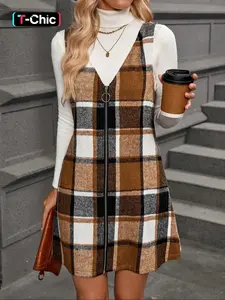 Women's Plaid V-Neck Zipper Sleeveless Dress, Fall Winter Fashion, Casual Style, Perfect for Daily Wear and Special Occasions