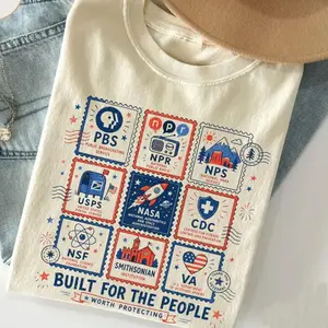 Comfort Colors Shirt Built For The People PBS NPR NASA Stamp Graphic Tee Vintage Retro Oversized Fit Heavyweight Garment Dyed Funny America Tee for Men Women
