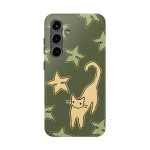 Green Cat and Stars Phone Case Y2K Cute Celestial Grunge Cool Gift for iPhone Pro Max 16 15 14 13 12 & Samsung Galaxy S24 S23 S22 S21 Durable Polycarbonate TPU Protection  compatible with iPhone 13promax Compatible with Samsung Galaxy S25