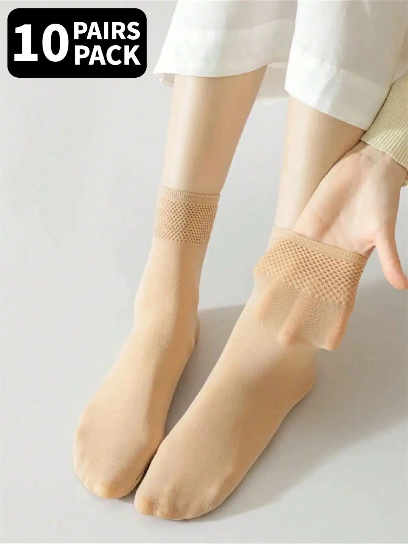 10 pairs of solid-colored stockings, women's mid-calf stockings, mesh hollowed-out high-elasticity sailor socks, suitable for daily business and casual wear, Breathable Comfy Socks, Plain Socks