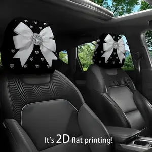 JIT 2D flat (no filler) white bow pattern car head pillowcase, seat head protective cover for all models, interior decoration accessories car headrest cover, gift for drivers and passengers