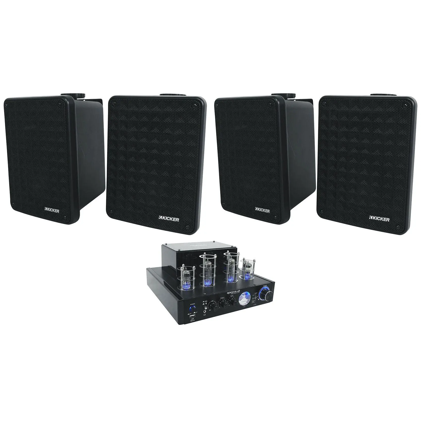 BluTube LED Audio Amplifier Bundle with 2 KB6 Black Speakers, Plug-In Compatibility, MP3 Support, and Mountable Design, Usb