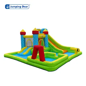 Jumping Dear Castle Bounce House with Hoop Sports Water Park Fun Slide and Jump Area Basketball Hoop Brick Wall Theme for Kids Birthday Party Games Inflatables For Kids Toys Gifts