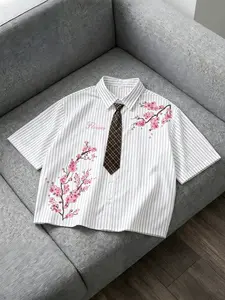 Unisex Oversized Striped Button-Down Shirt, Watercolor Sakura Floral Print, With Brown Plaid Tie, Preppy Aesthetic, Loose Fit, For Summer Daily/Campus/Commute/Party Wear