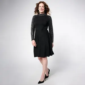 Nina Leonard Long Sleeve Mock Neck Fit and Flare Sweater Dress