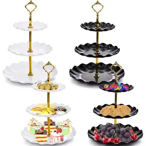 4 Pack 3 Tier Cupcake Dessert Stand, Tiered Cake Stand Display, Pastry Serving Tray Platter Rack Holder for Buffet, Cookie,, Wedding, Home, White Gold, Black Gold
