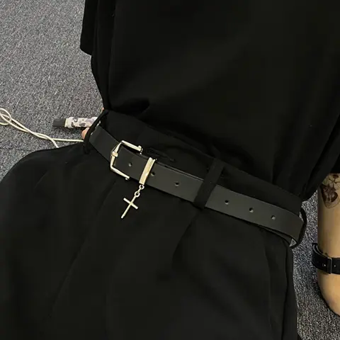 Unisex Cross Belt, Gothic Cross Pendant Buckle, Adjustable PU Leather Belt With Buckle, Streetwear Accessory, Suitable for Jeans, All Seasons