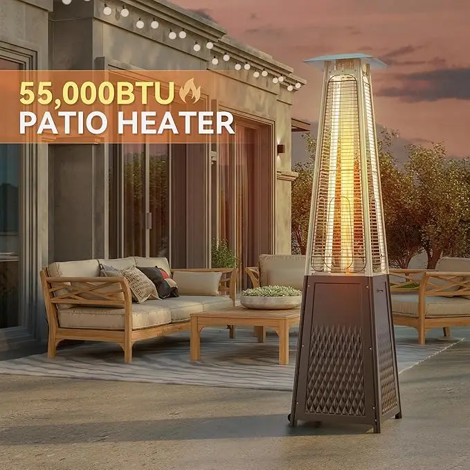 55,000 BTU Outdoor Patio Heater with Wheels and Cover, Glass Tube Propane Pyramid Heater, Anti-Tilt Safety Device, Outdoor Heater for Home and Commerc