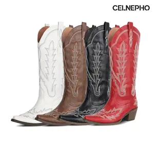 CELNEPHO Women Cowboy Boots Pointed Toe Western Embroidery Design Knee High Boots Chunky Block Heel Easy Pull on Tabs Retro Booties Casual Wear Country Wedding Horse Riding Spring Dress Shoes